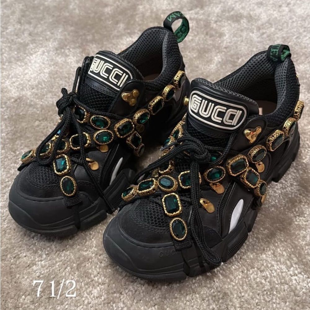 Brand new Gucci Black Mesh and Leather Flashtrek Reflective Removable Crystals